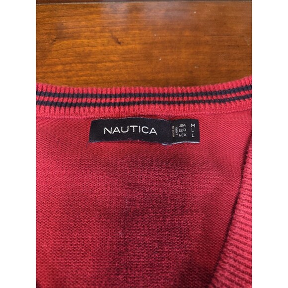 Nautica Sweater Mens Medium Red V-Neck Pullover 100% Cotton Knit Classic Preppy - Picture 3 of 4